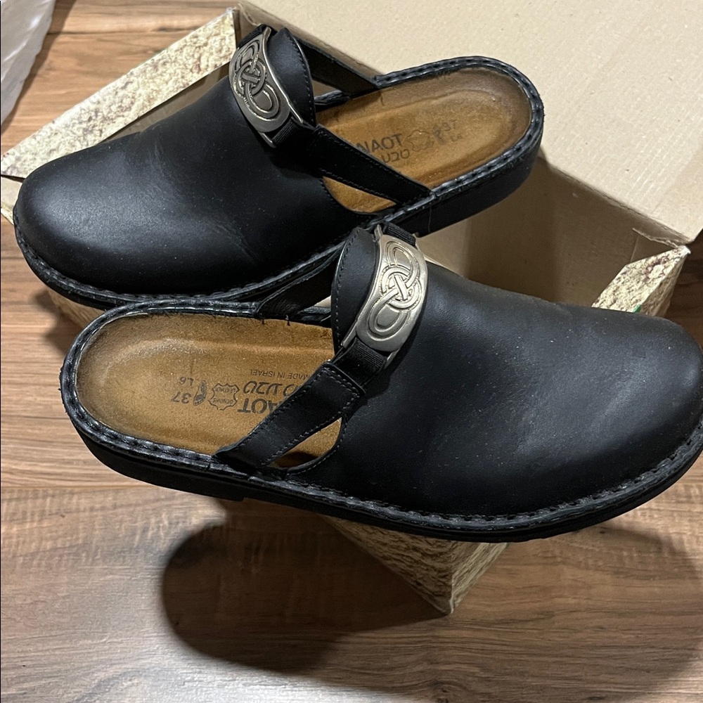 Naot Black Leather Clogs with Silver Buckle